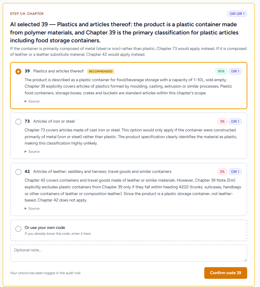 Chapter-selection step showing chapter 39 recommended with GIR 1 reasoning and two rejected alternatives