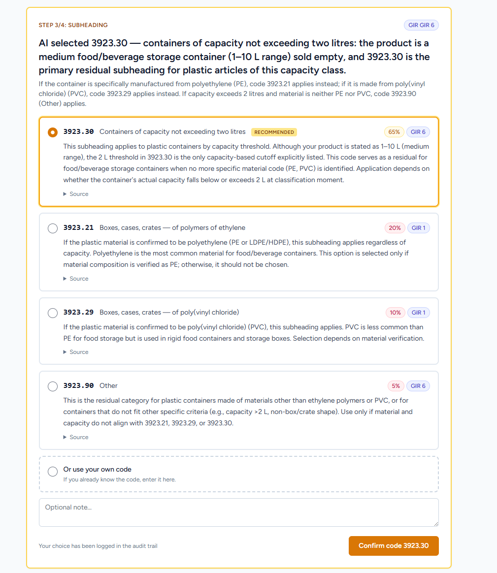 Subheading-selection step with confidence score and GIR rule for a capacity-based tariff split