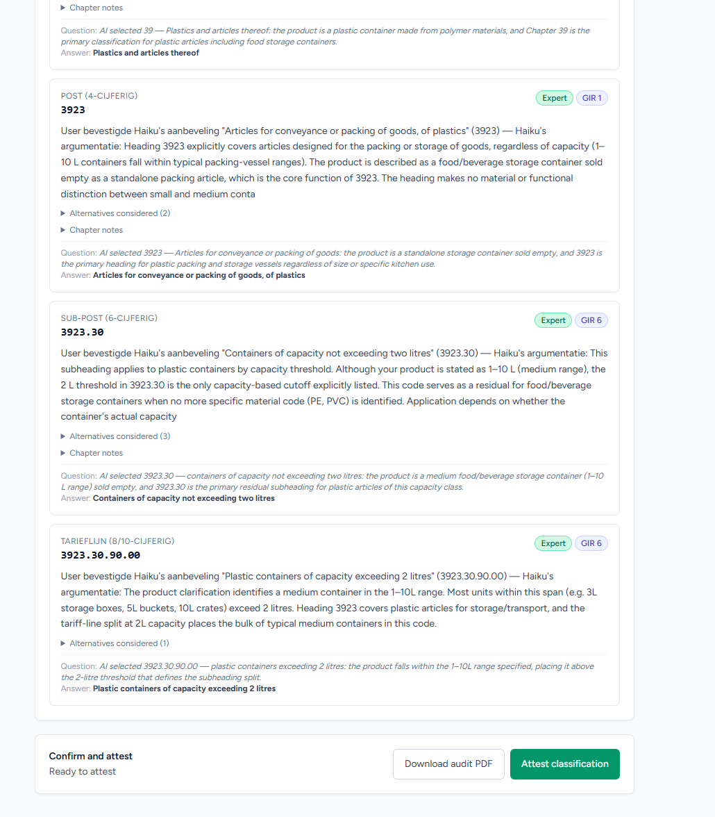 Completed decision path with all four levels confirmed, ready to download the audit PDF and attest