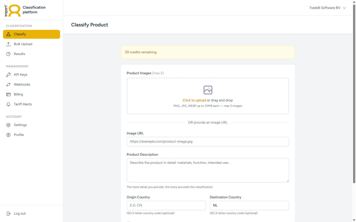 Import8 classify interface — upload product photo, URL, or description