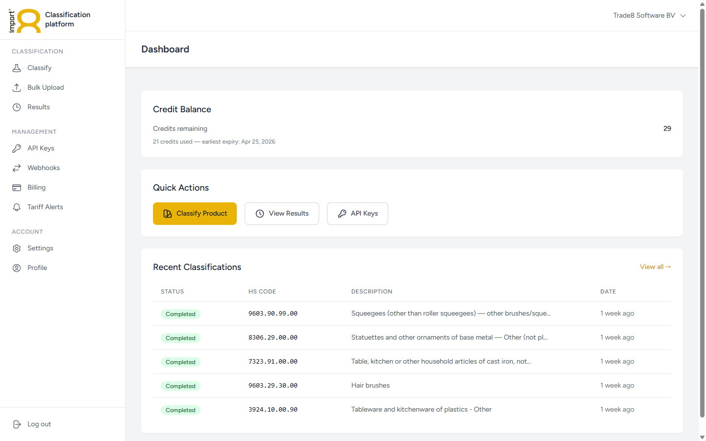Import8 dashboard with recent classifications
